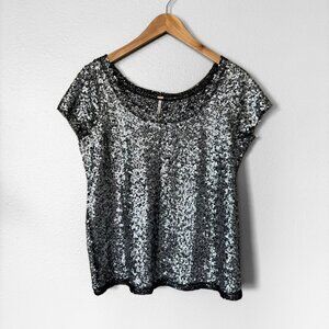 Free People Forever Sparkle Silver Sequin Scallop Back Blouse Womens Size XS